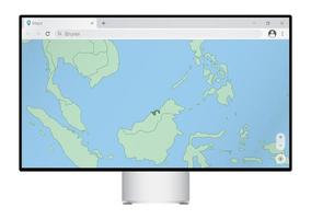 computermonitor mit karte von brunei im browser, suchen sie im web-mapping-programm nach dem land brunei. vektor