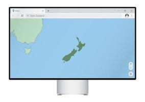 computermonitor mit karte von neuseeland im browser, suchen sie im web-mapping-programm nach dem land von neuseeland. vektor