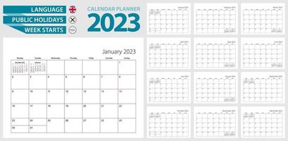 Wandkalenderplaner für 2023. Englische Sprache, Woche beginnt am Montag. vektor