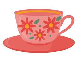 Die Tasse und die Untertasse sind leer mit einem Muster aus Blumen und Blättern. flache Vektorillustration der Farbe lokalisiert auf einem weißen Hintergrund. vektor