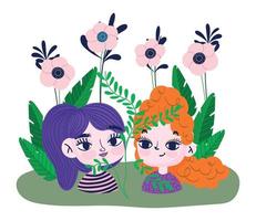 Lycklig flickor ansikten blommor lövverk växter botanik vektor