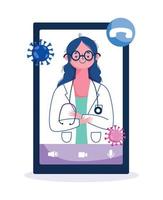uppkopplad hälsa, kvinna läkare professionell smartphone kallelse hjälp covid 19 pandemi vektor