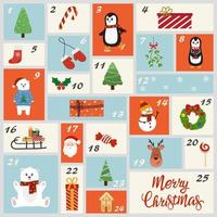 Weihnachts-Adventskalender mit niedlichen Elementen. lustiges weihnachtsplakat. Countdown-Kalender. Vektor-Illustration vektor