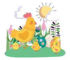 fröhliche ostern süße henne und hühner mit eiern blumen floral sonnentag vektor