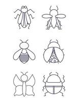 Bugs kleine Tiere in dünnen Linienstil-Ikonen weißen Hintergrund vektor