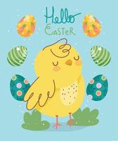 Lycklig påsk söt kyckling och dekorativ ägg prydnad firande vektor
