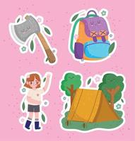 camping, ikoner flicka yxa tält och ryggsäck i tecknad serie stil vektor