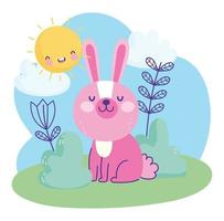 rosa kleines kaninchen sitzend gras himmel natur cartoon niedlichen text vektor