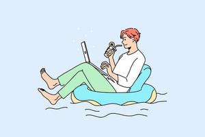 entspannter mann schwimmt auf einem aufblasbaren ring, arbeitet online auf dem laptop zu hause, sperrung oder quarantäne. ruhiger männlicher angestellter, der im schwimmbad herunterschaltet. Fernarbeitskonzept. Vektor-Illustration. vektor