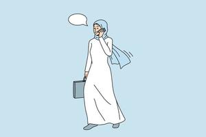 leende muslim affärskvinna i traditionell kläder prata på mobiltelefon med klient. Lycklig islamic kvinna arbetstagare ha företag smartphone ringa upp. teknologi, kultur begrepp. vektor illustration.