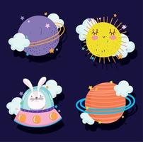 Plats äventyr galax tecknad serie i stil ikoner uppsättning planet UFO Sol och kanin vektor