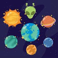 Plats galax astronomi i tecknad serie stil uppsättning ikoner planet utomjording Sol vektor