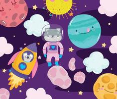 Raum Waschbär Astronaut Rakete Planet Sonne und Wolken Abenteuer Galaxie Cartoon vektor