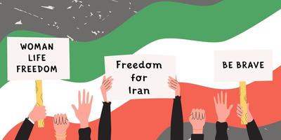 protester i Iran, kvinnor rättigheter demonstration. prote händer innehav plakat och affischer. stödjande de protester mot vektor