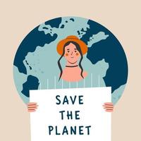 Öko-Aktivisten protestieren für den Klimawandel, globaler Streik fordert dringendes Handeln. frauenmarschdemonstration zum schutz der umwelt. frauen, die das planetenposter retten. vektor