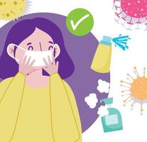 covid 19 förebyggande kvinna med mask desinfektionsmedel spray och antibakteriell vektor