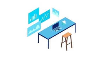 platt isometrisk kontor stol, tabell på bärbar dator, fil , kaffe vektor illustration. företag data analys, landning sida mall, diagram och analyserar statistik