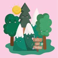camping schneebedeckte berge waldbäume und leitschild im cartoon-stil design vektor