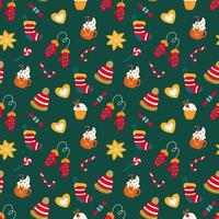 weihnachten nahtloses muster. lebkuchen, süßigkeiten, handschuhe, socke, hut, cupcake, kakao. Design für Stoffe, Textilien, Tapeten, Verpackungen, Geschenkpapier. vektor