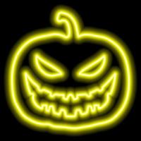 neongelber kürbisumriss für halloween mit ausgeschnittenem bösem gesicht auf schwarzem hintergrund vektor