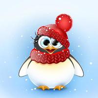 söt liten tecknad serie rolig pingvin flicka bär stickat hatt och scarf under vinter- snöfall vektor