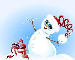 süßer schneemann in weihnachtsmütze mit weihnachtsgeschenkbox lächelnd und winterschneefall genießend vektor