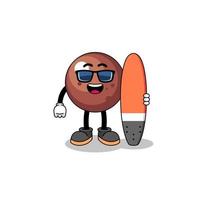 Maskottchen-Karikatur der Schokoladenkugel als Surfer vektor