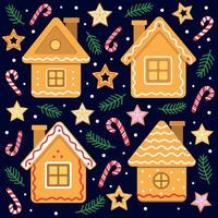 vektor uppsättning av söt mysigt jul pepparkaka hus och dekorativ stjärnor