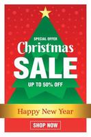 Weihnachtsverkauf, frohes neues Jahr. weihnachtsverkaufsfahnendesign mit 50 rabatt. Weihnachtsbaum auf rotem Hintergrund vektor