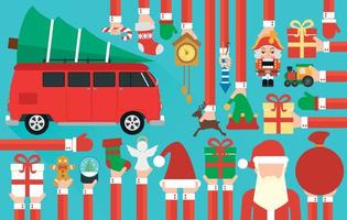 glad jul, Lycklig ny år begrepp design platt med santa claus. minibus med jul träd vektor