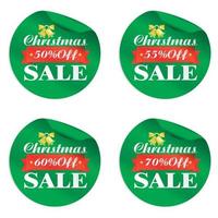 Weihnachtsverkauf grüne Aufkleber Set 50, 55, 60, 70 Stück mit goldener Glocke und rotem Band vektor
