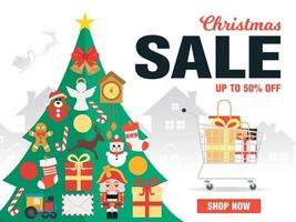 jul försäljning upp till 50 av. jul försäljning begrepp design platt med jul träd och handla påsar vektor