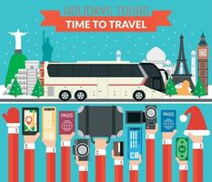 neujahrsferien welttouren design flach mit touristenbus vektor