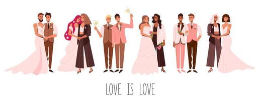 Verliebte schwule und lesbische Paare heiraten Liebe ist Liebe. LGBT-Community. eine unkonventionelle Hochzeit. ein Mann in einem Kleid vektor