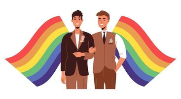 Gay bröllop. två män i kärlek och regnbåge HBTQ flaggor. skön män i en smoking vektor