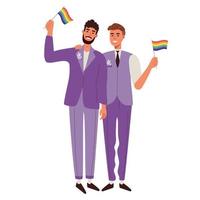 LGBT-Hochzeit. schwule Männer in Lila und Anzügen mit Regenbogenfahnen. Glückwunsch an die Bräutigame. Stolz vektor