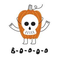 ein fröhlicher orangefarbener kürbis feiert halloween in einer schädelmaske. ein Gemüse mit Armen und Beinen erschreckt Boo Süßes oder Saures vektor