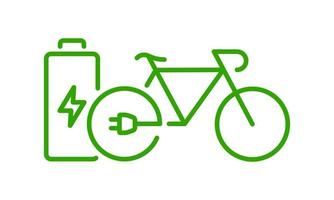 Fahrrad mit Öko-Wiederverwendungs-Akkumulator-Liniensymbol. elektrofahrrad und erneuerbare ladebatterie, stecker und blitzzeichen. Umrisssymbol für den Transport von grüner Energie. editierbarer Strich. isolierte Vektorillustration. vektor