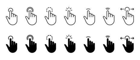 Computer-Maus-Cursor-Fingerlinie und Silhouette-Icon-Set. Handzeigergeste auf der Website schwarzer Piktogrammsatz. klicken Sie auf drücken Sie zweimal tippen Sie auf Streichen Punkt Zeichen. isolierte Vektorillustration. vektor