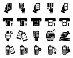 kontaktlose zahlung per handy, kreditkarte auf pos silhouette icon set. bargeldlose drahtlose Zahlungstransaktion durch nfc-Technologie-Glyphen-Piktogramm. atm abheben symbol. isolierte Vektorillustration. vektor