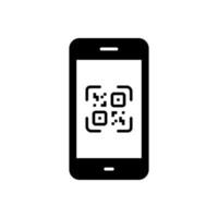 QR-Code auf Handy-Silhouette-Symbol. quadratisches qrcode-app-scanner-smartphone-glyphenpiktogramm auf weißem hintergrund. scannen nach barcode-zahlungsanwendung auf dem gerätesymbol. isolierte Vektorillustration. vektor