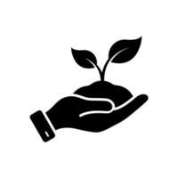 Pflanze in der menschlichen Hand Silhouette Symbol. Wachstum Öko-Baum Umgebung Glyphen-Piktogramm. Ökologie organisches Sämlingszeichen. Blumenblattpflege im Palmensymbol. Landwirtschaftskonzept. isolierte Vektorillustration. vektor