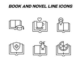 svartvit tecken i platt stil för butiker, butiker, webb webbplatser. redigerbar stroke. vektor linje ikon uppsättning med symboler av akademisk keps, kaffe kopp, hjärta, geotagga, cocktail, orange över bok