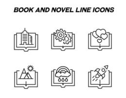 monochrome Schilder im flachen Stil für Geschäfte, Geschäfte, Websites. editierbarer Strich. Vektorliniensymbol mit Symbolen für Gebäude, Ausrüstung, Herz, Berg, Regenbogen, Raketenschiff über Buch vektor