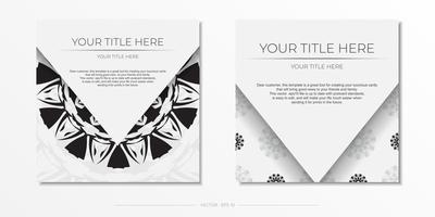 lyxig färdig att skriva ut vit Färg design vykort med svart ornament. inbjudan mall med Plats för din text och abstrakt mönster. vektor