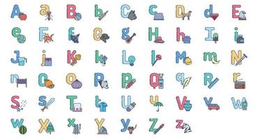 Sammlung von Symbolen im Zusammenhang mit Alphabet und Symbolen, einschließlich Symbolen wie Hund, Kuchen, Ameise, Apfel und mehr. vektorillustrationen, pixelperfekter satz vektor
