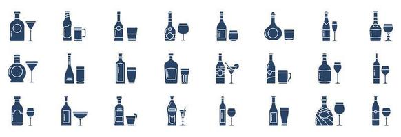 Sammlung von Symbolen im Zusammenhang mit Getränkeflaschen, einschließlich Symbolen wie Absinth, Bier, Brandy und mehr. vektorillustrationen, pixelperfekter satz vektor