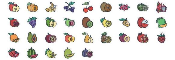 Sammlung von Symbolen im Zusammenhang mit Früchten, einschließlich Symbolen wie Apfel, Banane, Traube, Granatapfel und mehr. vektorillustrationen, pixelperfekter satz vektor