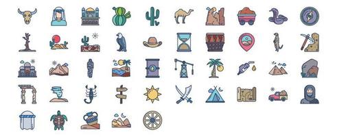 Sammlung von Symbolen im Zusammenhang mit der Wüste, darunter Symbole wie Tierschädel, Beduinen, Kakteen, Kamele und mehr. vektorillustrationen, pixelperfekter satz vektor