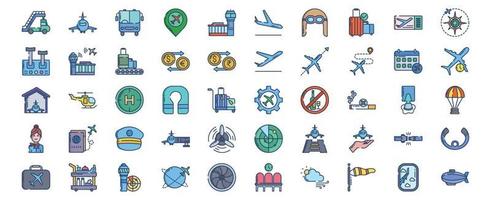 Sammlung von Symbolen im Zusammenhang mit Luftfahrt und Reisen, einschließlich Symbolen wie Flugzeug, Flughafen, Gepäck und mehr. vektorillustrationen, pixelperfekter satz vektor